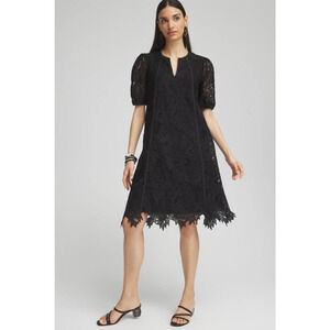NEW Chico's Lace Leaf Dress Women's Size 14 Black Textured Short Sleeve Boho
